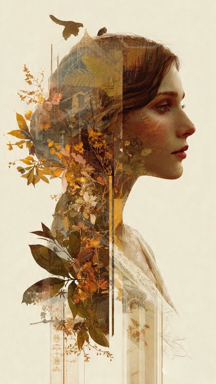 Woman & Mountain Waterfall Double-Exposure